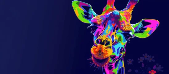 Poster Portrait giraffe animal in the style of pop art vibrant color on dark blue background. Generated AI © artpray