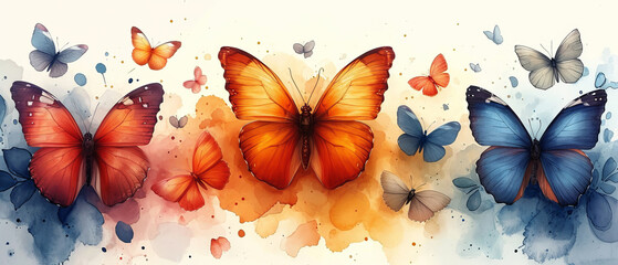 Butterflies on a white background. A formation of multiple vibrant monarch butterflies gracefully flying through the air.
