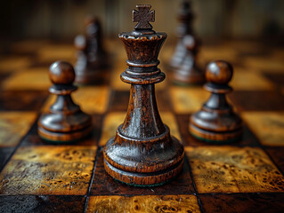 Fototapeta premium A chess piece and a king on a wooden board. A detailed view of a chess board showing the strategic arrangement of chess pieces during a game.