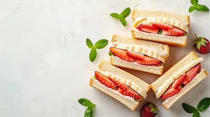 Healthy strawberry and banana sandwich on white table   top view, diet breakfast option