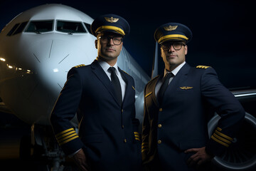 Two brave pilots in the background of the plane. Civil aviation