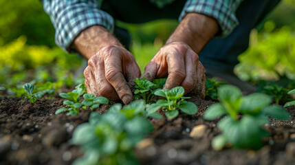 Planting of seedlings in the soil hands of a man. A close up image of a persons hands gently holding onto a potted plant.