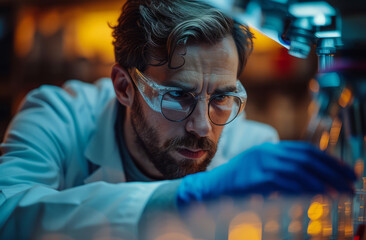 Fototapeta premium Scientist working in laboratory in medical field. A man wearing a white lab coat carefully observes a substance in a laboratory setting.