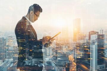 A businessman works on a digital tablet, his image superimposed on a cityscape, representing the concept of real estate business development - Powered by Adobe