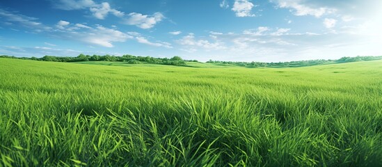 Landscape view of green grass on slope with blue sky and clouds background. - obrazy, fototapety, plakaty