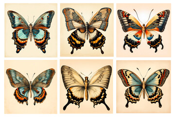 Set of six vintage backgrounds with butterflies. Illustrations in the style of ancient engravings from biological encyclopedias.