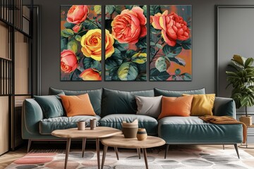 Oil painting with flower rose, leaves. Botanic print background on canvas - triptych In Interior, art. - obrazy, fototapety, plakaty