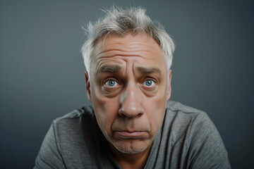 Obraz premium Concerned Middle-aged Man, Wide-eyed Expression, Grey Background