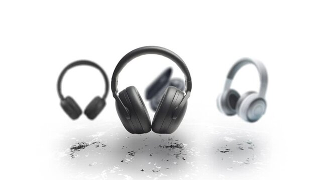 Animated rotation of Headphones and bluetooth headset. Sales of technology products and e-commerce shopping.