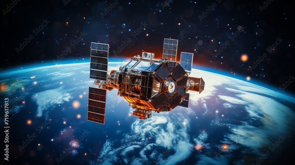 Poster telecom satellite orbiting earth with futuristic data hologram for internet and gps services