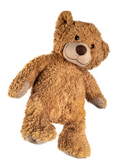 Teddy bear isolated on white. Hanging plush toy.