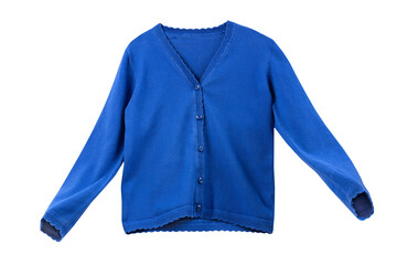 Child's blue knitted cardigan. School uniform object isolated. Top clothing,longsleeve clothes.