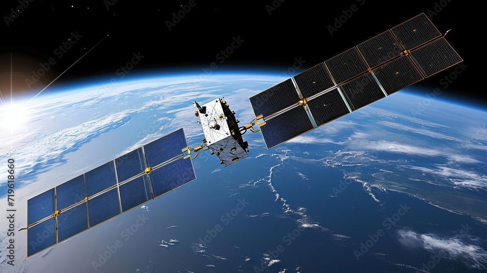Poster telecom satellite orbiting earth with futuristic data hologram for internet and gps services