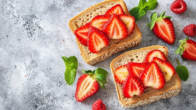 Fresh strawberry and banana healthy sandwich on white table   top view diet breakfast option