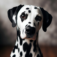 A Beautiful Cute Dalmatian White Coat with Black Spots,  Brown Eyed Hunting Dog Studio Portrait Sitting Posing for the Camera with a Curious Surprised Face Expression (deafness). Trick Pet Photography