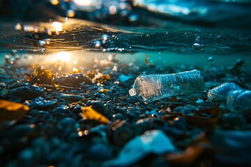 Plastic pollution in the ocean, with garbage floating in the water illuminated