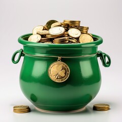 Green Pot Overflowing with Gold Coins, St. Patrick's Day Wealth Concept
