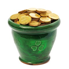 Emerald Pot Brimming with Gold Coins and Clover Motif - Saint Patrick's day
