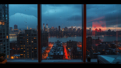 Fototapeta na wymiar Urban Serenity: Gazing at a Rain-Soaked City at Sunset from a Penthouse