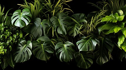 Green leaves of native Monstera (Epipremnum pinnatum) liana plant growing in wild climbing on jungle tree trunk, the tropical forest plant evergreen - obrazy, fototapety, plakaty