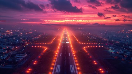 Glow of the runway guides the plane, a beacon in the night - obrazy, fototapety, plakaty