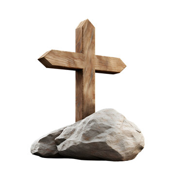 Christian wooden cross, positioned on the stone, Isolated on Transparent Background, PNG