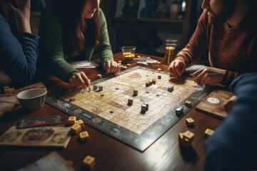 Group of friends women and men playing table board games at home - obrazy, fototapety, plakaty