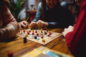 Group of friends women and men playing table board games at home