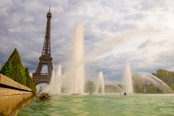 Eiffel Tower viewed through the Trocadero Fountains in Paris