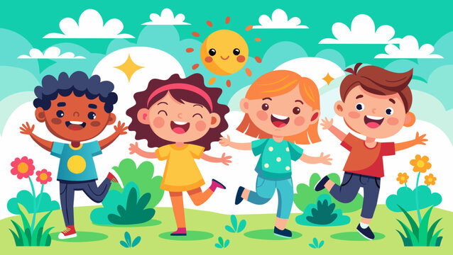 Flat style illustration of children playing happily in a picnic area.