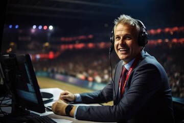 Professional commentator man on live footbal match on stadium - obrazy, fototapety, plakaty