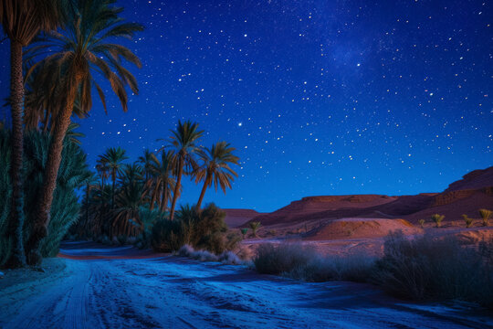 Desert oasis under the stars, a captivating image showcasing an oasis in the desert illuminated by a starry night sky, creating a surreal and celestial scene for stargazing retreats, desert travel pro