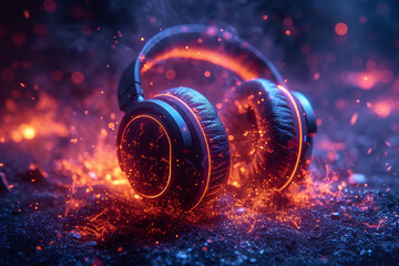 Headphones futuristic technology , music hits 3D Rendering