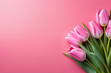 Women's day concept. Top photo of pink tulips on isolated pastel pink background with copy space