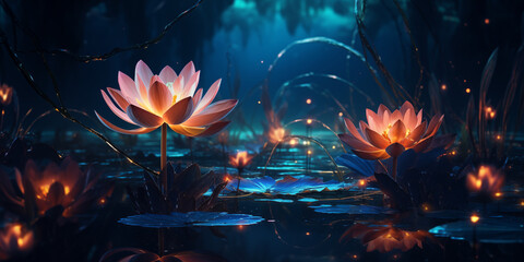 pink lotus flowers illuminated on a fantasy night landscape background