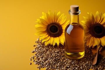 Glass bottle of sunflower oil embellished with soft yellow backdrop for culinary concept