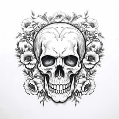 Decorative skull in tattoo illustration. Hand drawn black ink watercolor isolated on white background. Floral pattern of plants with flowers in retro vintage style design for T-shirt.