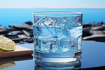 Refreshing clear glass filled with pure drinking water on subtle soft blue background