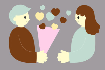 ハートの花束を渡す男性と受け取る女性　背景グレー