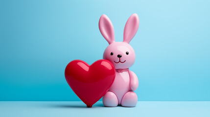 Cute pink rabbit, latex bunny with a red heart on a soft blue background.