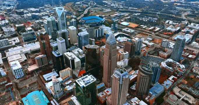 Multiple high-rise buildings in the city centre of a modern city. Aerial view of the downtown of Charlotte, NC, USA.