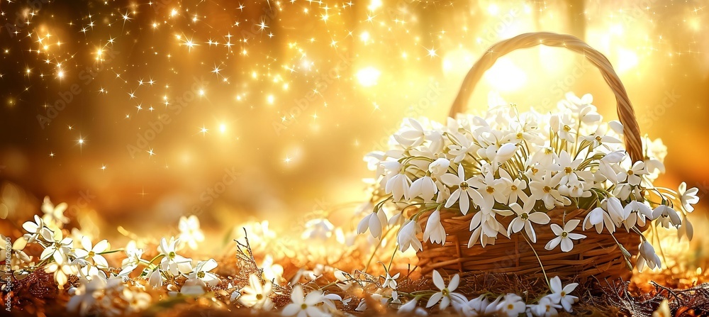 Aufkleber isolated white basket of snowdrops on yellow spring background with copy space for text placement