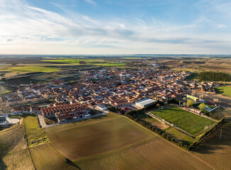 Aerial view of the Spanish town of Rueda in Valladolid, with its famous vineyards and wineries. - 719626201