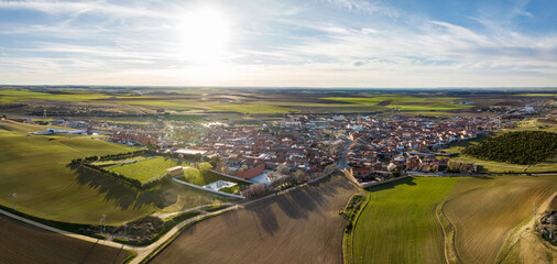 Aerial view of the Spanish town of Rueda in Valladolid, with its famous vineyards and wineries. - 719626240