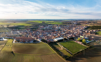 Aerial view of the Spanish town of Rueda in Valladolid, with its famous vineyards and wineries. - 719626292