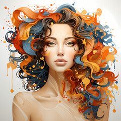 Pop art portrait of a girl with multi-colored paint under the watercolor drawing