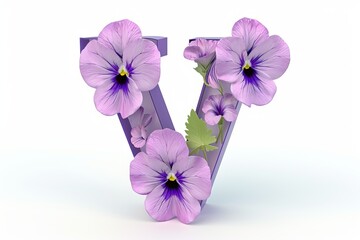 Violet flower alphabet letter  v  in modern 3d style isolated on white background