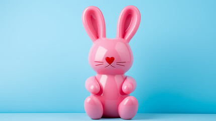 Obraz premium Adorable cute pink latex rabbit, bunny with a heart-shaped nose in the shape of a balloon on a soft blue background.