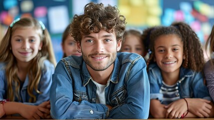 Fototapeta premium Smiling male teacher in elementary school classroom with students learning in the background