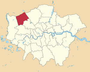 Red flat blank highlighted location map of the BOROUGH OF HARROW inside beige administrative local authority districts map of London, England